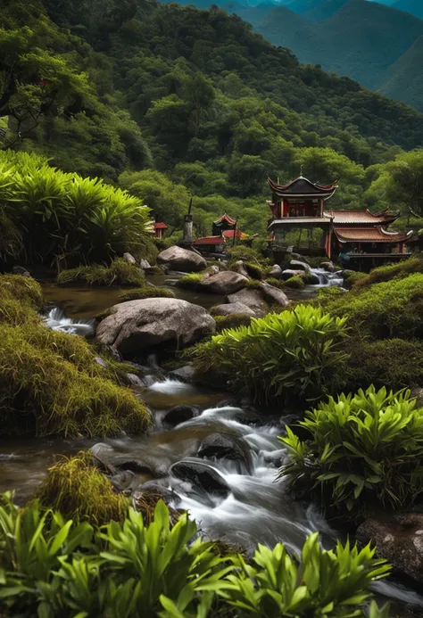 "picturesque landscape，Next to it there is a laurel crown accompanied by a steaming cup of coffee and a soothing cup of tea in the majestic Yunnan mountains."