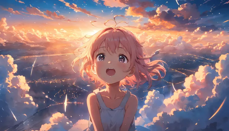 masterpiece, best quality, movie still, 1girl, cloud girl, floating in the sky, close-up, bright, happy, warm soft lighting, sunset, (sparks:0.7)