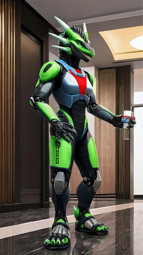 Bionic robot dragon，female，Android，Red Lingeri，sandals，Standing in a hotel and drinking，HD graphics，Detailed and realistic，high detal，high qulity，photo-realistic，photorealistic eye，Detailed paws，Clear eyes，Masterpiece artwork，Five-fingered hands，top-qualit...