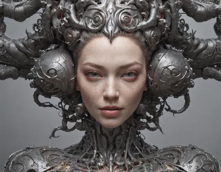 laughing out loud, Wire cybernetics implants, Adrian Gainey Esso Andrews style Jenny Savile, The surrealist dark art of James Jean Gaoto Yamamoto and Bri Sienkiewicz, trending on artstationh, Sharp focus, studio photo, Intricate details, Highly detailed, b...