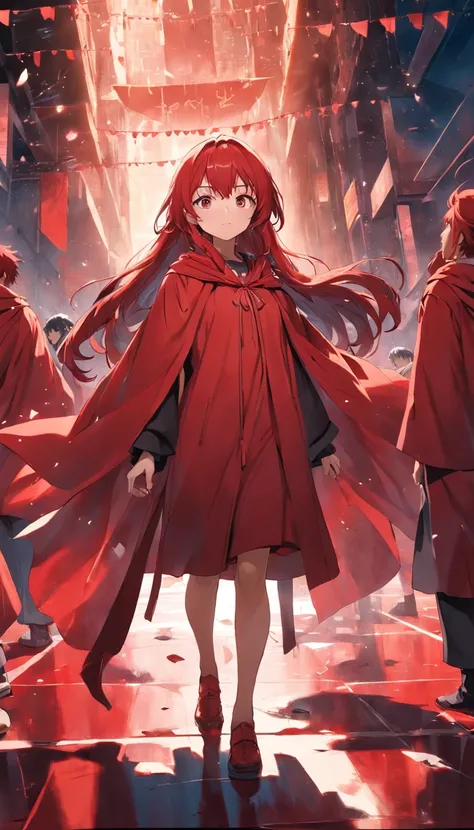 Woman in red cloak with a group of recent graduates