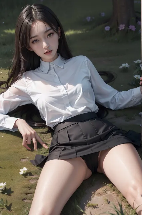 Photorealistic, very high res, Soft light,1womanl, Solo, Hips up，(Detailed face), Long hair, lying on the grass ground, look from down,spread their legs，Show panties, See panties, secretary_uniform, black micro skirt