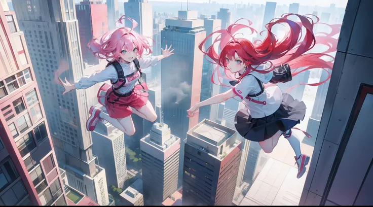 The pink-haired girl and the red-haired daughter jumped from the top of a skyscraper