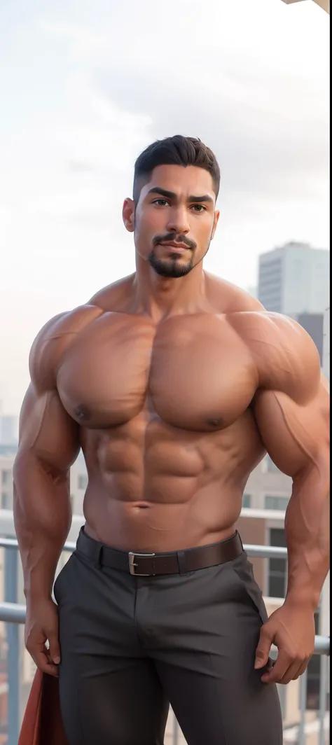 A hyper muscular handsome African American dad, tan skin, darker skin, wearing a formal executive shirt, tie, open shirt revealing big pectorals, tight pants, 40 years old, Bara, beard, grey hair, big arms, big pecs, thick thighs, huge quads, portrait, met...