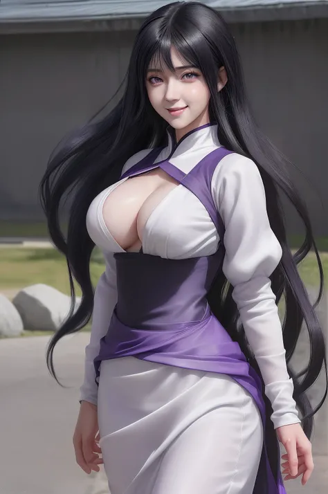 1girl, hyuga hinata in anime naruto, long hair, black hair, white eyes, smile, beautiful, sexy dress, sexy clothes, purple clothes, very big breast, realistic clothes, detail clothes, outdoor background, ultra detail, realistic