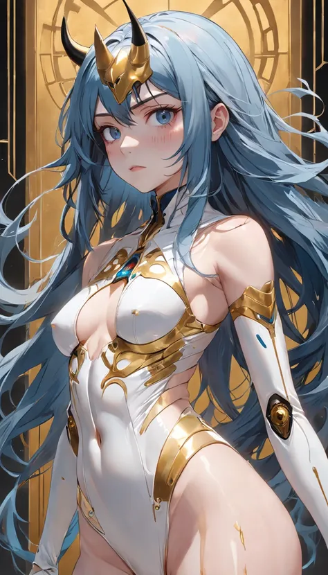 A girl with long blue hair in a white darkwave style suit with gold details and a devil mask,Estilo Darkwave,retrato de medio cuerpo,centrado,HDR,8k,hiperrealista,hermoso estudio de luz suave,detalles vibrantes,Anatomical,elegante,foco nítido,Foto de estud...