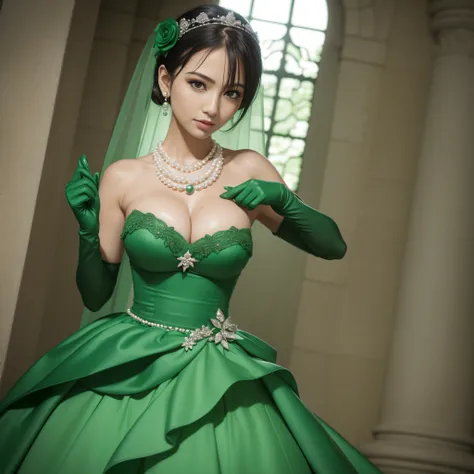 Green Dress Flower Cleanser，Sense of atmosphere, best qualtiy，tmasterpiece，1girll，30-years old，Green dress，Daytime Church，full body Esbian, Green gloves，With short black hair，big breasts beautiful，looking at viewert，ssmile，Green Bridal Veil，Green Long Grov...