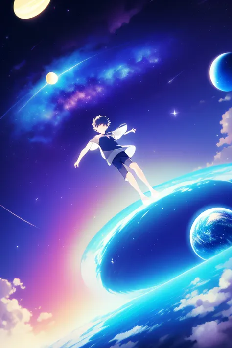 ridiculous resolution, high resolution, (masterpiece:1.4), super detailed, 1boy, seen from above, space, floating, --v 6