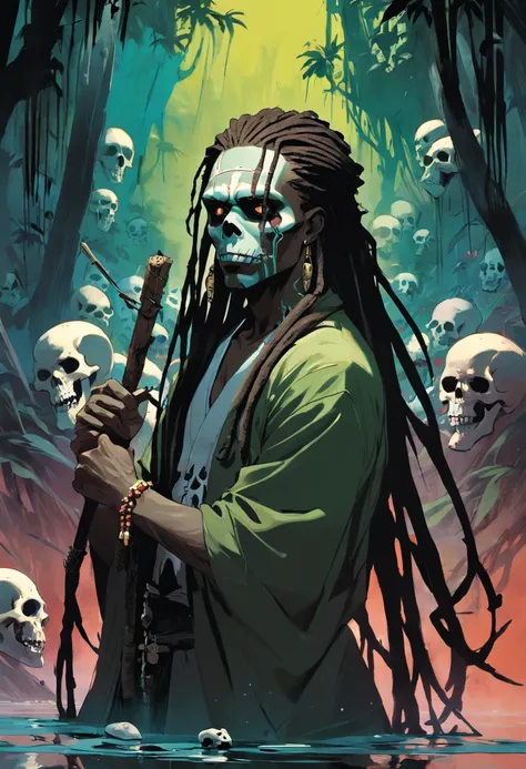 ((masterpiece:1.4, best quality:1.2)), a voodoo priest, swamp, dreadlocks, skulls, artwork portrait, adam hughes.