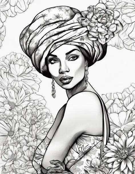 mulher negra com turbante, in black and white with lotus flower on background, em vestido com flores, sua arte de linha de tinta fina, comiс style, Portrait of the magical Marilyn Munroe beautiful line of art, black and white comic style, Manga style, Mang...