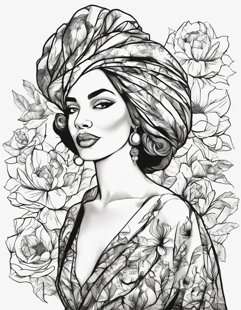 mulher negra com turbante, in black and white with lotus flower on background, em vestido com flores, sua arte de linha de tinta fina, comiс style, Portrait of the magical Marilyn Munroe beautiful line of art, black and white comic style, Manga style, Mang...