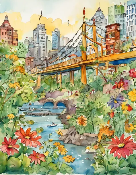 an illustration of a bridge and the city with lots of flowers, in the style of vivid comic book artist, the new york school, robert munsch, conceptual street art, cinestill 50d, naturalistic depictions of flora and fauna, playful cartoons