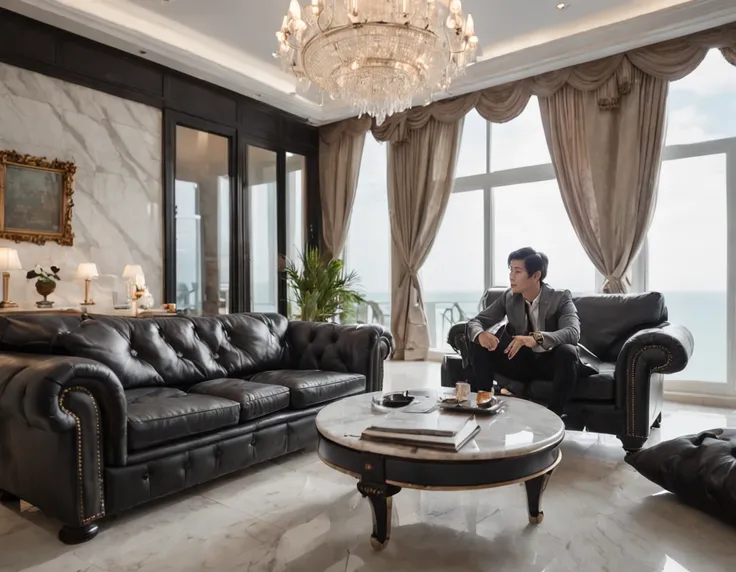 The black-haired man sat on a leather sofa with his back,Back Shadow,Watch TV shows,Spacious and bright living room,Floor-to-ceiling windows with stunning beach views,Chandelier hanging,Illuminate the marble floor,Realistic graphics,The wide-angle vision i...