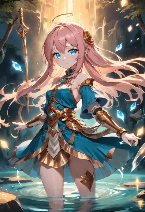 girl with blue eyes, and rose gold hair with a fantasy themed dress for adventure and combat adorned with rosegold accents with the gil using a magic array to summon a large golden glowing blade in a shallow pond.