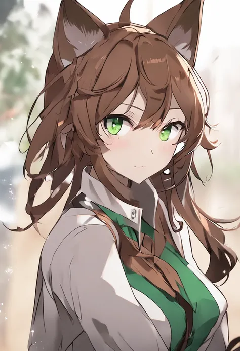 Cat ears, female, green eyes, brown hair, capable, tall, wearing a nikkawa knife, beautiful two-dimensional