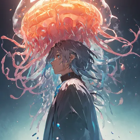 A spirit man half-turned into a jellyfish, Unreal Engine 5, Cinematic, Color grading, Portrait photography, Ultra-wide angle, Depth of field, Hyper-detailed, beautifully color-coded, insanely details, Intricate details, beautifully color-graded, illusory e...