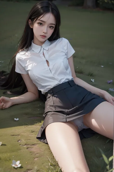 Photorealistic, very high res, Soft light,1womanl, Solo, Hips up，(Detailed face), Long hair, lying on the grass ground, look from down,spread their legs，Show panties, See panties, secretary_uniform, black micro skirt