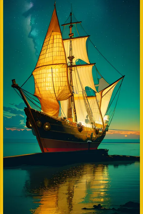 extremely detailed 8k wallpaper,(highly detailed:1.1), ((masterpiece:1.1)),[anime:Impasto:0.5], intricate , fantasy,(1ship),(ocean:1.2),[golden boat:golden boat with (green fire:1.2):0.1], clear sky ,wind ,beautiful sky,(nightsky),(galaxy), (huge blood moo...