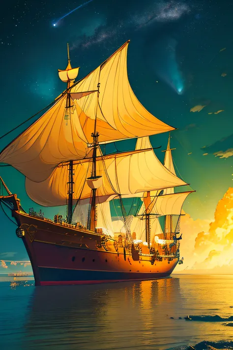 extremely detailed 8k wallpaper,(highly detailed:1.1), ((masterpiece:1.1)),[anime:Impasto:0.5], intricate , fantasy,(1ship),(ocean:1.2),[golden boat:golden boat with (green fire:1.2):0.1], clear sky ,wind ,beautiful sky,(nightsky),(galaxy), (huge blood moo...