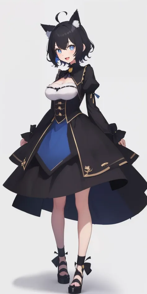 Full body, Upright, Arms at sides, Looking at Viewer, Simple background, 1girl in, Open mouth, Smile, Virtual Youtuber、girl with、、((Best Quality, high_resolution, Distinct_image)),(Black hair), (Black cat ears), (Ahoge), (absurdly short hair), (Wavy Hair),...