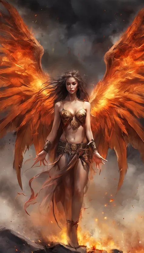 mejor calidad, obra maestra, ultra-high-resolution, (realistic photograph:1.4), surrealismo, Similar to a dream,FusionArt, Naked Female evil fallen angel with huge wings of fire lying on the ground, in an apocalyptic city in flames, staring at the camera, ...