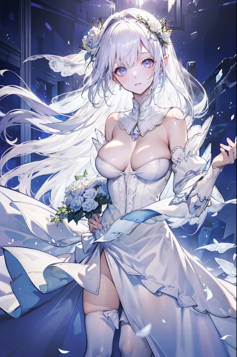 silber hair，butterflys，long whitr hair，white wedding gown，8k wallpaper，detailedbackground，Highest high resolution，deep v big breasts，Hair covers one eye，Bandeau wedding dress，chies，White rose，tight-fitting，stocklings