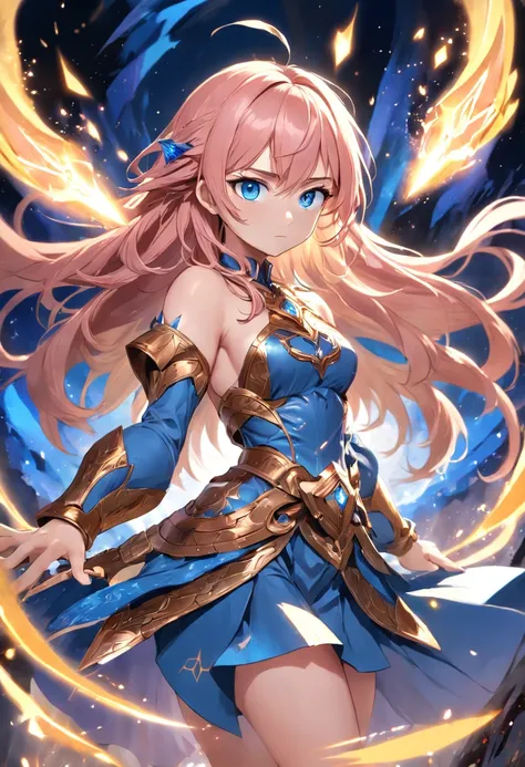 girl with blue eyes, and rose gold hair with a fantasy themed dress for adventure and combat adorned with rosegold accents with her using a magic array to summon a large golden glowing blade