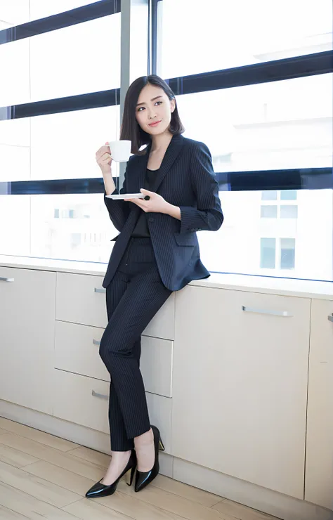 Woman in black suit sitting on windowsill，Cup in hand, wearing black suits, woman in black business suit, Girl in suit, girl in a suit, dressed in a suit, office clothes, dressed in a suit, Woman in a suit, Business woman, young business woman, Wearing a b...