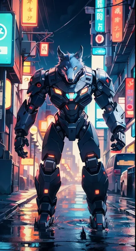 (((A mechanical wolf,cyborg wolf,cyborg-wolf,animal,wolf robot))),no human,detailed wolf,

(dynamic pose:1.0),solo focus,(centered,scale to fit dimensions,Rule of thirds),

cyberpunk city by the ocean at night, with bright neon signs and dark stormy clouds...