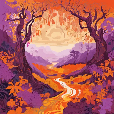 Intricate details of Yunnan forest painting, By range Yunnan, Violet in the background，The orange，Purple grapes，Citrus，Black tea is bright in color, hight contrast, mont, vector line art, orange highlights, trending on pixiv, anime concept art, Stick, carp...