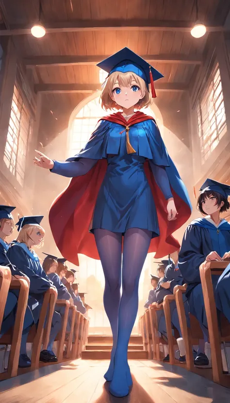 Mature women Blue tights Red cape Graduation cap A group of classmates Ultra wide angle Highest image quality