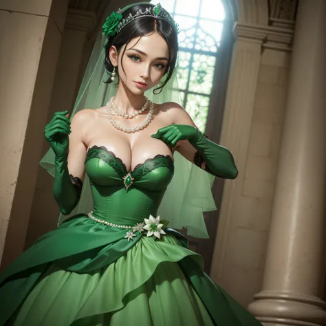 Green Dress Flower Cleanser，Sense of atmosphere, best qualtiy，tmasterpiece，1girll，30-years old，Green dress，Daytime Church，full body Esbian, Green gloves，With short black hair，big breasts beautiful，looking at viewert，ssmile，Green Bridal Veil，Green Long Grov...