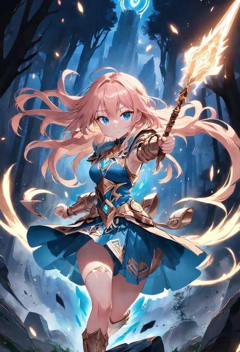 girl with blue eyes, and rose gold hair with a fantasy themed dress for adventure and combat adorned with rosegold accents with her using a magic array to summon a large golden glowing blade going through the ground upwards in the far distance.