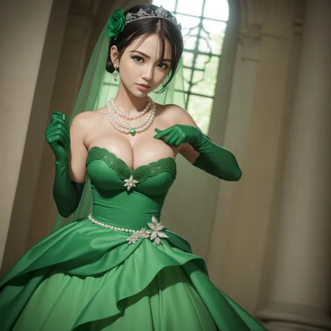 Green Dress Flower Cleanser，Sense of atmosphere, best qualtiy，tmasterpiece，1girll，30-years old，Green dress，Daytime Church，full body Esbian, Green gloves，With short black hair，big breasts beautiful，looking at viewert，ssmile，Green Bridal Veil，Green Long Grov...