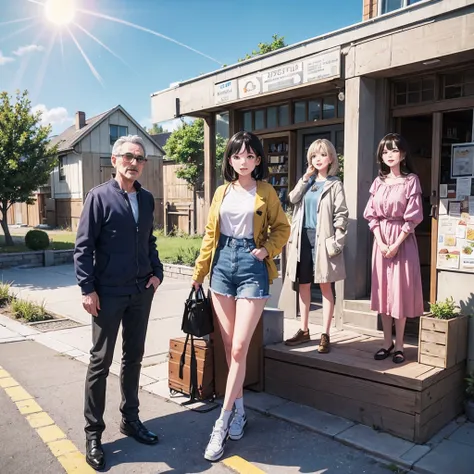 yard， Ray traching， comic strip， a 3D render， Cartoons， Cute style， and the sun was shining brightly， exteriors， 5 Middle-aged，3 men，2 women，Stand on the ground and chat，Clear facial features，Biology is perfect，Modern casual wear，the detail， 4K， k hd， high...