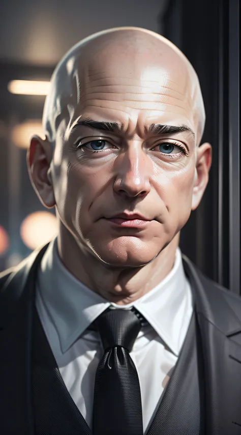 1man, Jeff Bezos, black suits, bald hair, confident, convincing, front look, portrait, 4k, high-res, best quality, cinematic lighting --auto --s2