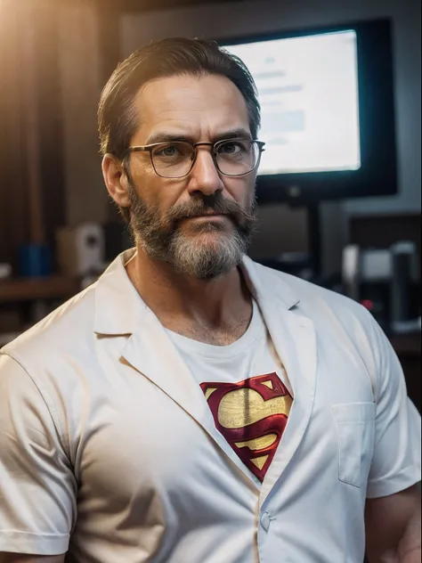 a middle-aged man a professor, detailed skin face, expression wrinkles, woodcutter-style pear beard, green eyes, wear nerd eyewear,superman tshirt inside white lab coat, stiff countenance.facing the viewer, Ultra detailed scene, dslr camera with 50mm Lens,...