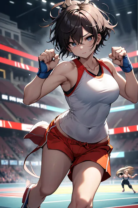 profetional lighting、pretty skin、Her eyes shone like stars、(((in 8K, Raw photo, Best Quality))), disheveled hair、Glossy hair、shinny skin、Curvaceous but slender、1 Female Martial Artist、Background with：Unpopular Roman Colosseum、well-muscled、short-haired、Back...