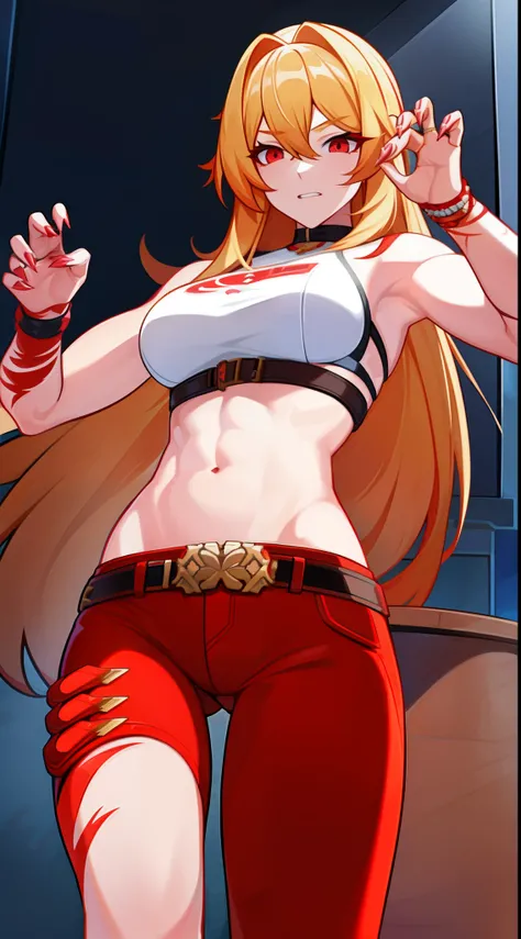 adult girl, longue blonde hair, red eyes, Bear ears, musculature, Scars, open belly, Brown Barbarian Top, Barbarian pants, claws, combat pose, Rage, bear, Masterpiece, hiquality