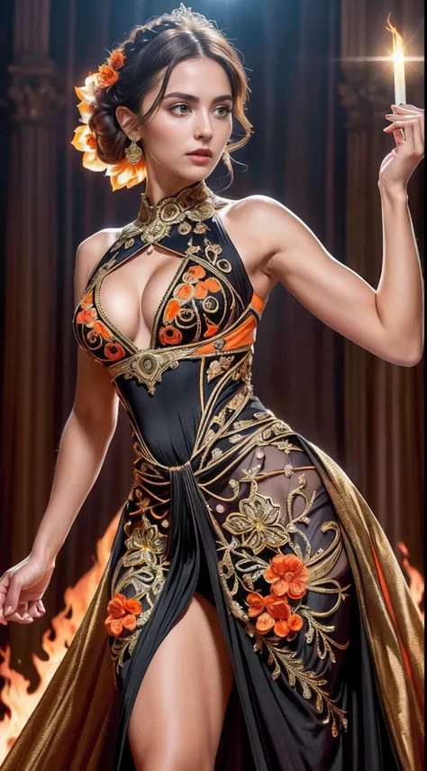 (Olivia Dunn) Hyper realistic super detailed sexy 40-year-old full-length woman (with large breasts), cup size E, trending on cgstation, (In a dress of black and orange flowers, Extravagant dress, intricate dress, intricate fantasy dress, Fire Dress, detai...