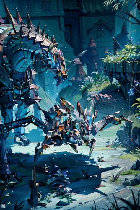 um close up de uma pessoa montando um cavalo em uma floresta, arte do jogo ultra detalhada, Mech descartado no fundo, fantastic screenshot art, coberto com bolhas brilhantes, zoids arte, arte de fantasia digital 2d detalhada, arte estilizada muito coerente...