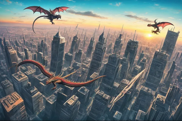 Incredible dragon flying over a futuristic city, y a lo lejos un hermoso atardecer.