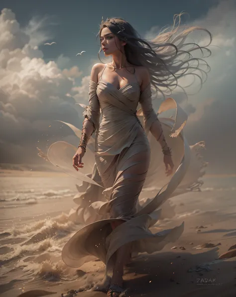 Arad woman in dress walks across the beach, inspired by Darek Zabrocki, Brooke Sardin in detail, Goddess of dust, （tmasterpiece），（photorealestic），（真实感：1.2），（RAW photogr：1.2），（best qualtiy：1.2），（Detailed face： 1.4），（Beautiful detailed eyes：1.2），（detailed ha...