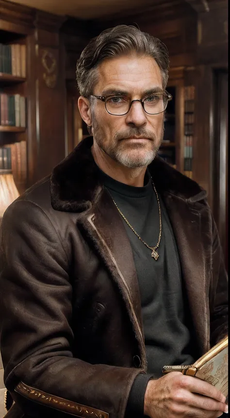 (editorial photograph 9:16 of a working man sitting in his living room in, bearded, calm,confident,look rich,serious doing his reading, 52 years old, brown eyes), (wearing luxury coat, wearing nerd glasses, detailed:1.3), (highly detailed face:1.4), (backg...