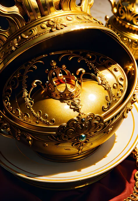 ​masterpiece、top-quality、top-quality、(Close-up photo of a golden crown placed in an artistic vessel)、ighly detailed、colourfull、highestdetailed