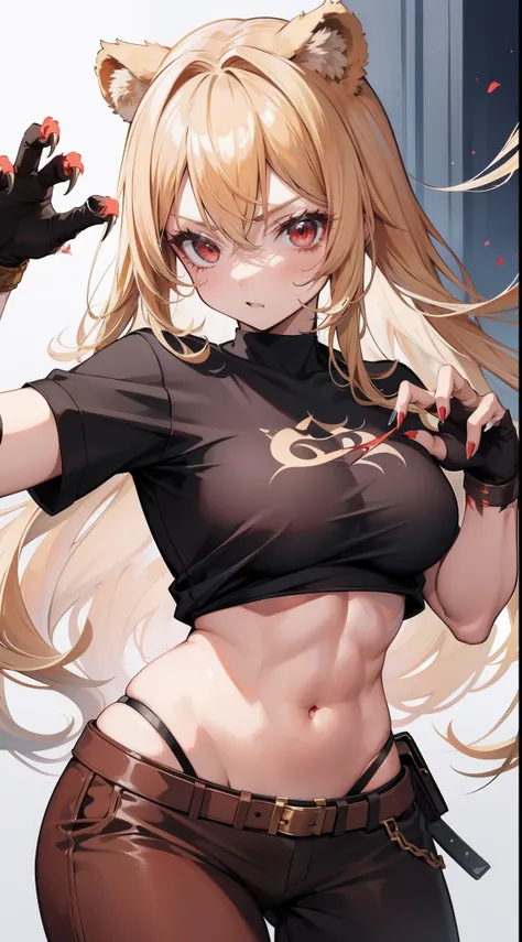 adult girl, longue blonde hair, red eyes, Bear ears, musculature, Scars, open belly, Brown Barbarian Top, Barbarian pants, claws, combat pose, Rage, bear, Masterpiece, hiquality