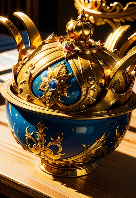 ​masterpiece、top-quality、top-quality、(Close-up photo of a golden crown placed in an artistic vessel)、ighly detailed、colourfull、highestdetailed