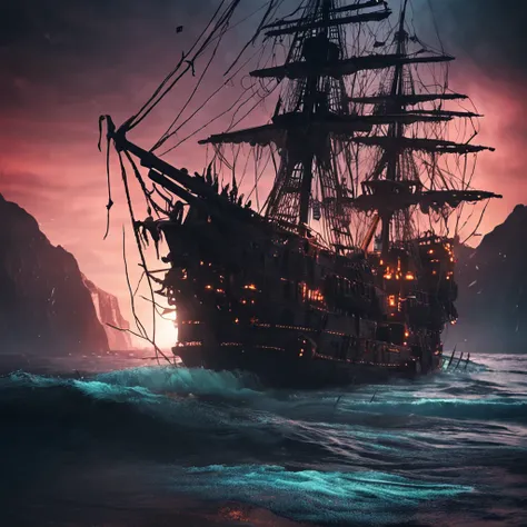 Army of Ghost Ships at Night. Pirate Ship, 4K, apparition, A hyper-realistic, Kinematic  ::n_Style drawing, Low quality defects, dollface, games, Anime