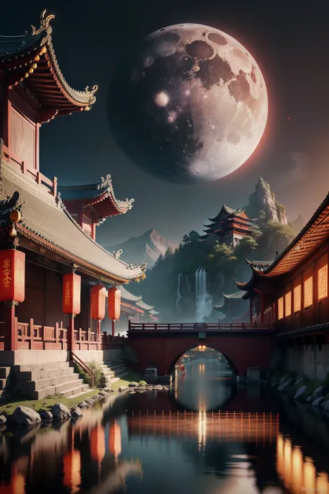 There is a painting of Chinese architecture，Overall red tone，The background is the full moon, The picture is simple and clear，In the middle of the two buildings is a covered bridge，The foreground is the surface of the water，Buildings and water reflections ...