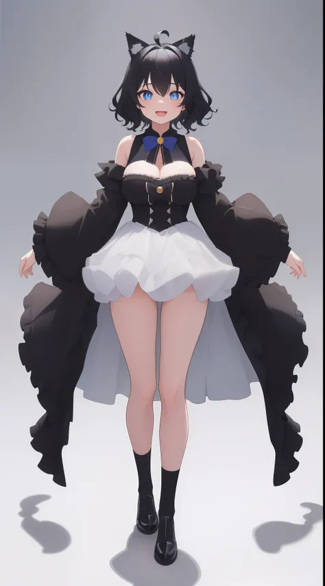 Full body, Upright, Arms at sides, Looking at Viewer, Simple background, 1girl in, Open mouth, Smile, Virtual Youtuber、girl with、、((Best Quality, high_resolution, Distinct_image)),(Black hair), (Black cat ears), (Ahoge), (absurdly short hair), (Wavy Hair),...